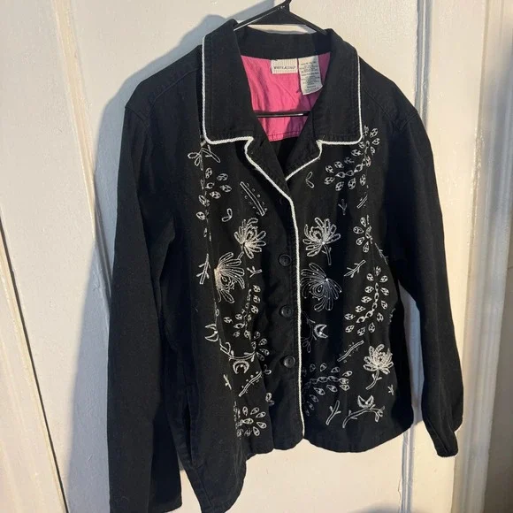 Vtg 90s Artsy XL Black Embroidery Floral Western Cotton Denim Jacket Celestial - Picture 9 of 9